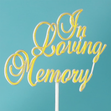 "In Loving Memory" Pick, Sign, Decoration, Cake Topper. Gold Cursive Text On White Pick. (Lot of 1 Bag - 12 Picks Per Bag) SALE ITEM